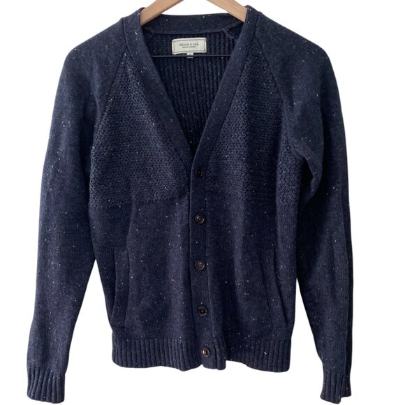 Frank & Oak Heavy Wool Cardigan Navy Blue with Brown Elbow Patches - Picture 1 of 7